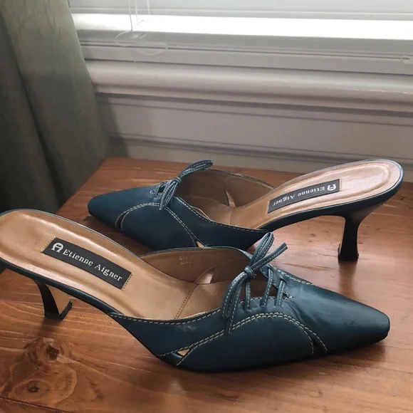 Etienne Aigner Blue Mules with White Stitching - Picture 2 of 6